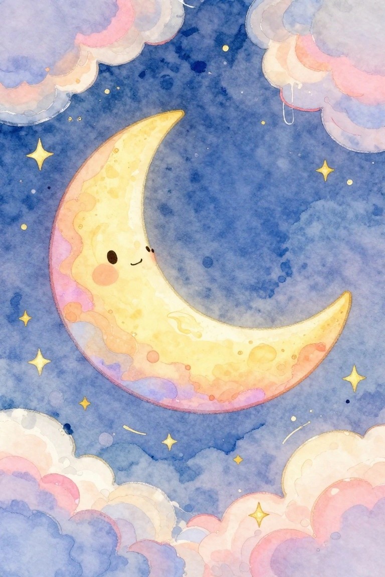 Cute smiling crescent moon with face in starry blue watercolor night sky with pastel clouds