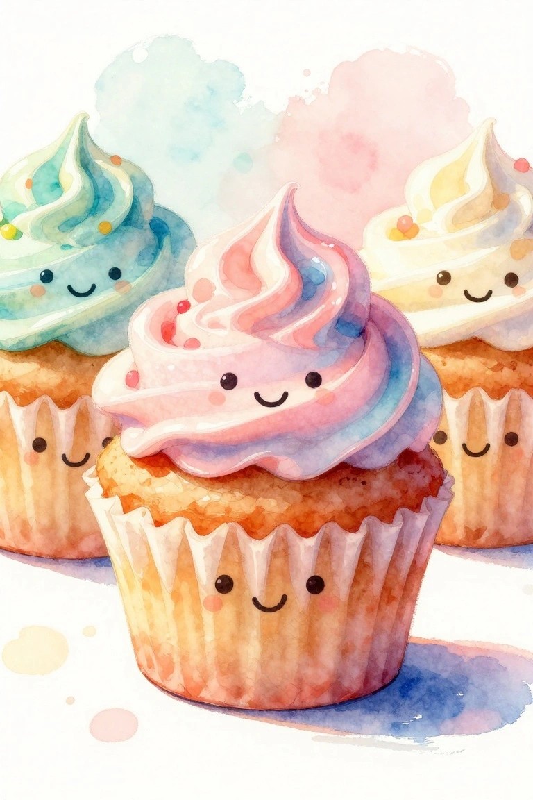 Three smiling kawaii cupcakes with pastel swirled frosting in watercolor style