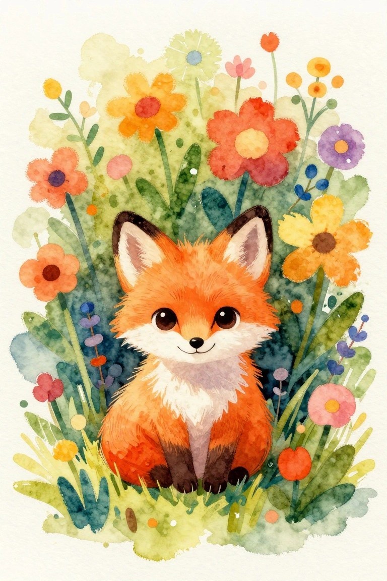 A watercolor painting of a cute orange fox sitting among colorful flowers.