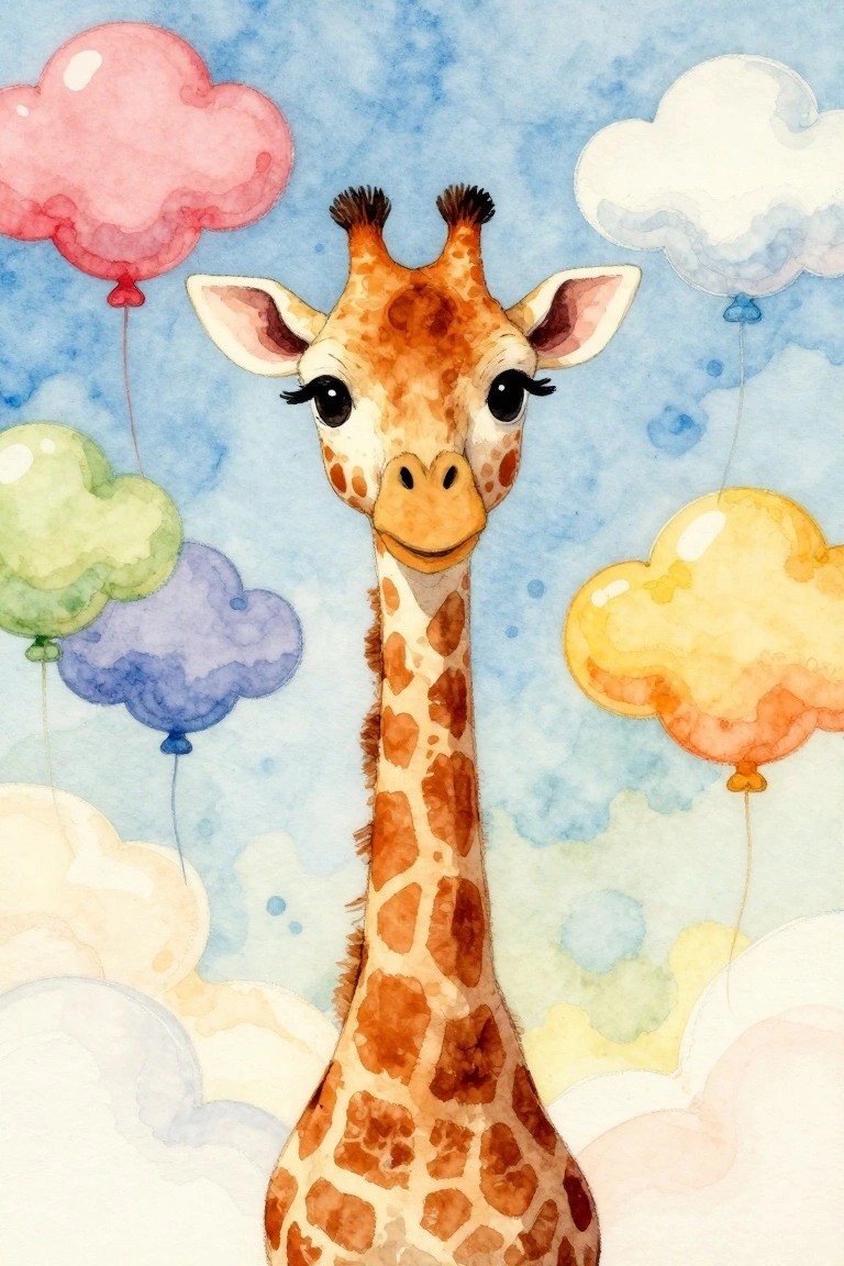 Cute giraffe with big eyes and eyelashes amid colorful cloud-shaped balloons in watercolor style
