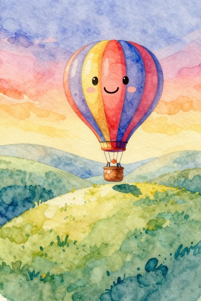 A watercolor painting of a smiling hot air balloon with red, blue, and yellow stripes floating above green hills under a colorful sky.