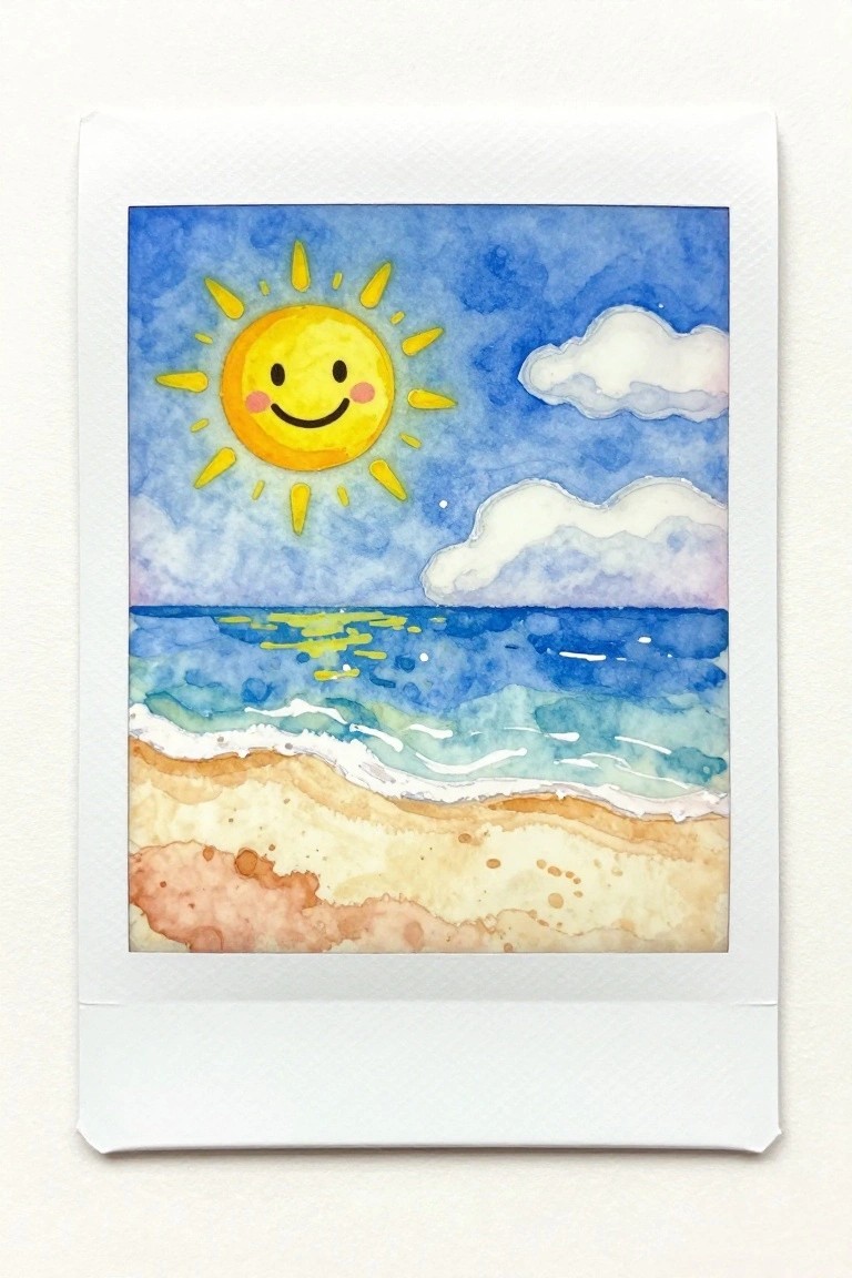 Watercolor painting of a smiling sun over ocean waves and a sandy beach in a Polaroid frame.