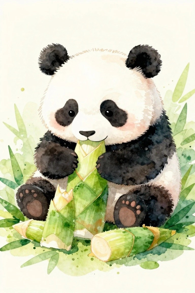 Cute panda cub eating bamboo surrounded by green leaves in watercolor style.