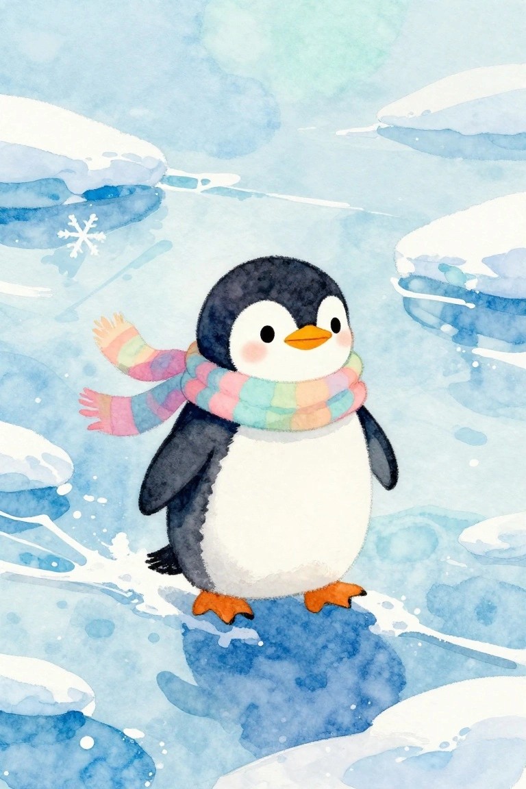 Penguin in rainbow scarf stands waving on ice in snowy watercolor scene.