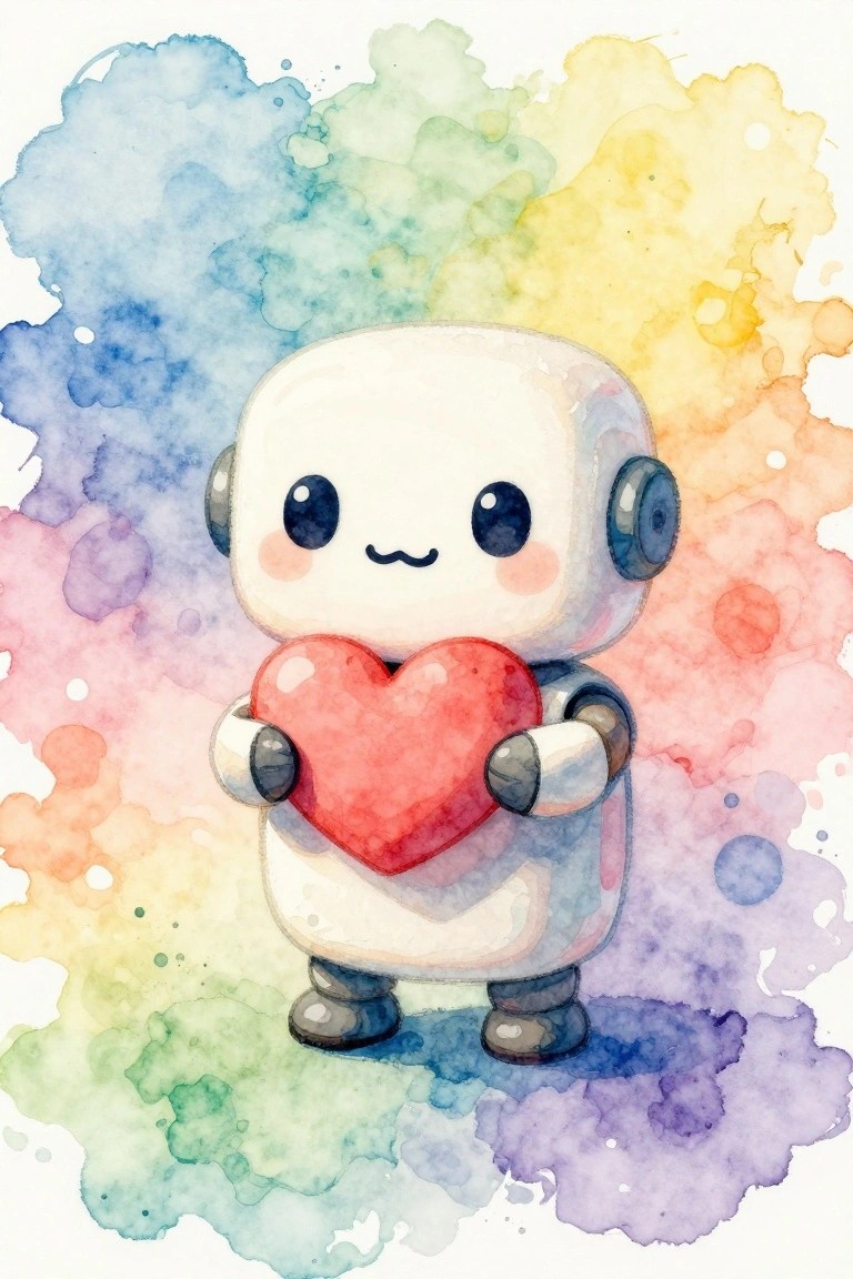 Cute white robot holding red heart against vibrant rainbow watercolor background