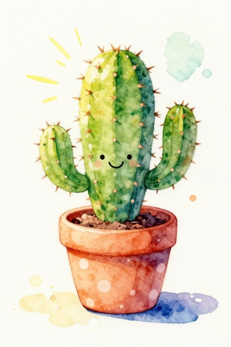 Smiling cactus with arms in terracotta pot, watercolor style with sun rays.