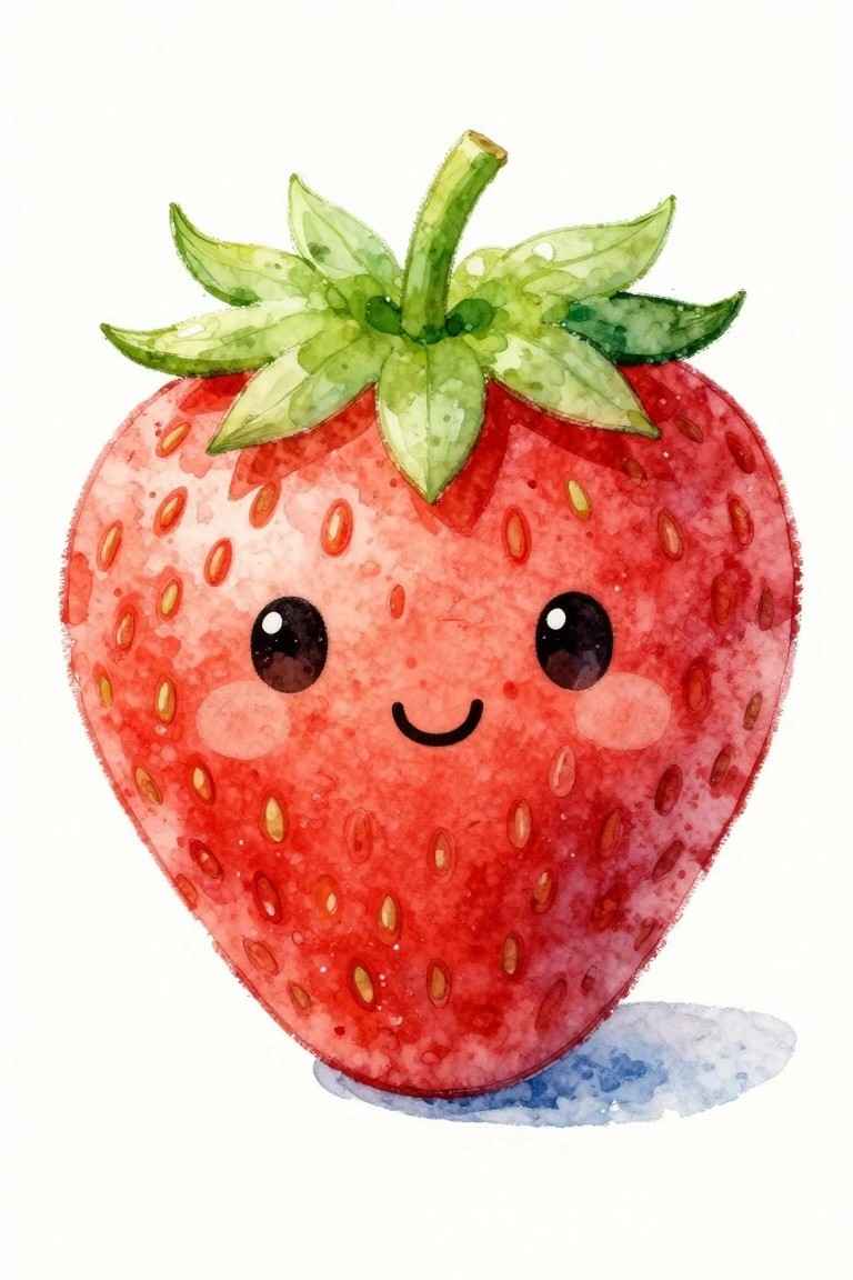 Watercolor kawaii strawberry with smiling face, big eyes, pink cheeks, and green leaves