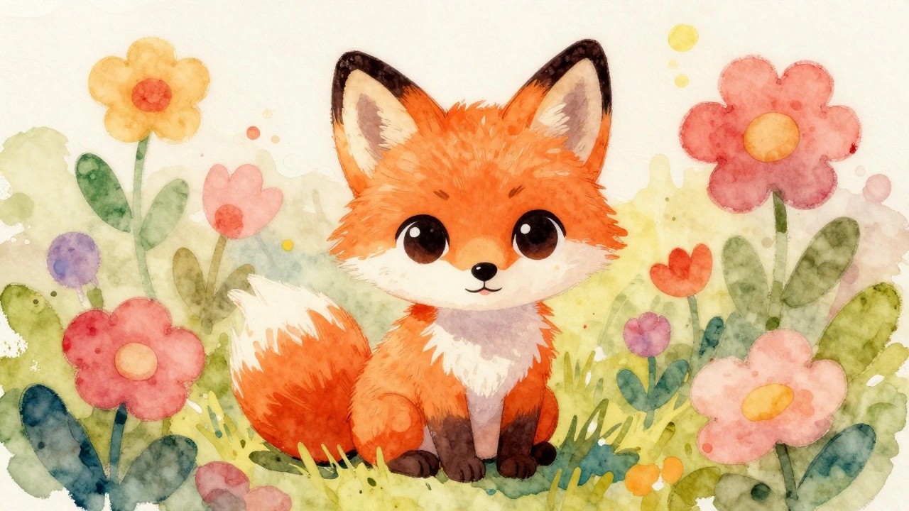 A watercolor painting of a cute orange fox sitting among colorful flowers.