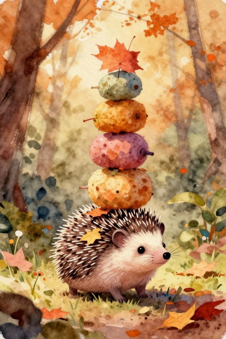 Hedgehog balancing a stack of colorful autumn leaves in a forest