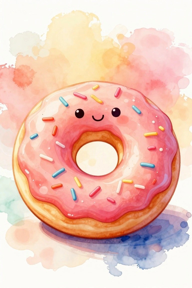 Cute cartoon donut with pink frosting, sprinkles, and smiling face on watercolor background.