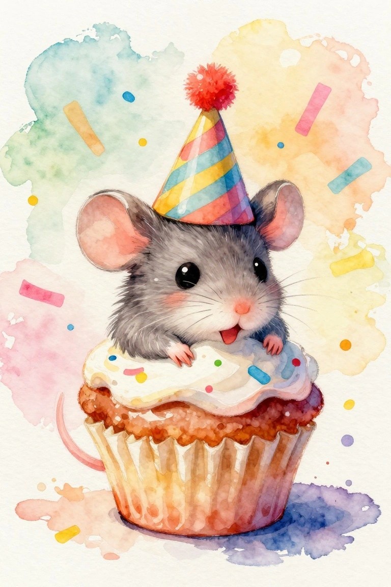 Cute gray mouse in striped party hat atop sprinkle-covered cupcake, vibrant watercolor confetti background