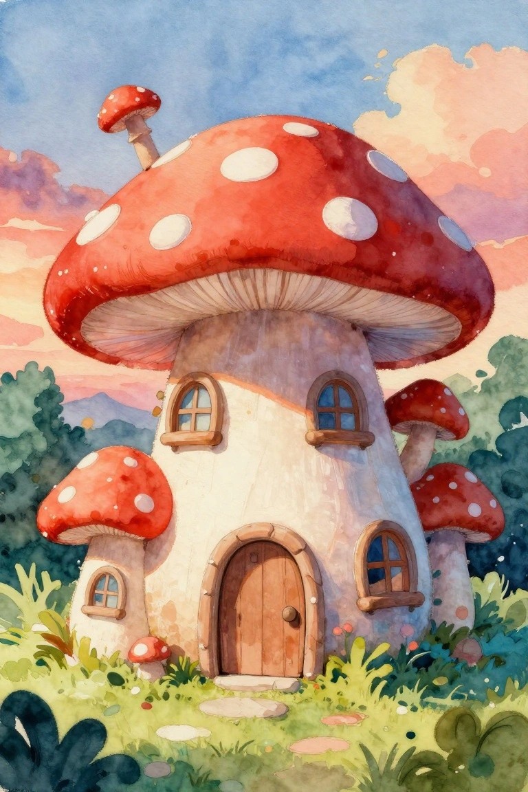 Watercolor of whimsical mushroom house with red spotted cap, windows, and wooden door