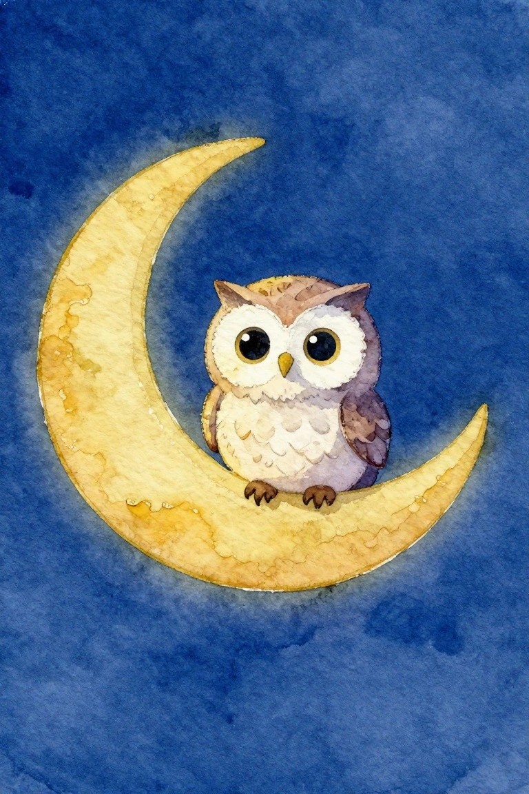 Watercolor owl with big eyes perched on golden crescent moon against blue sky.