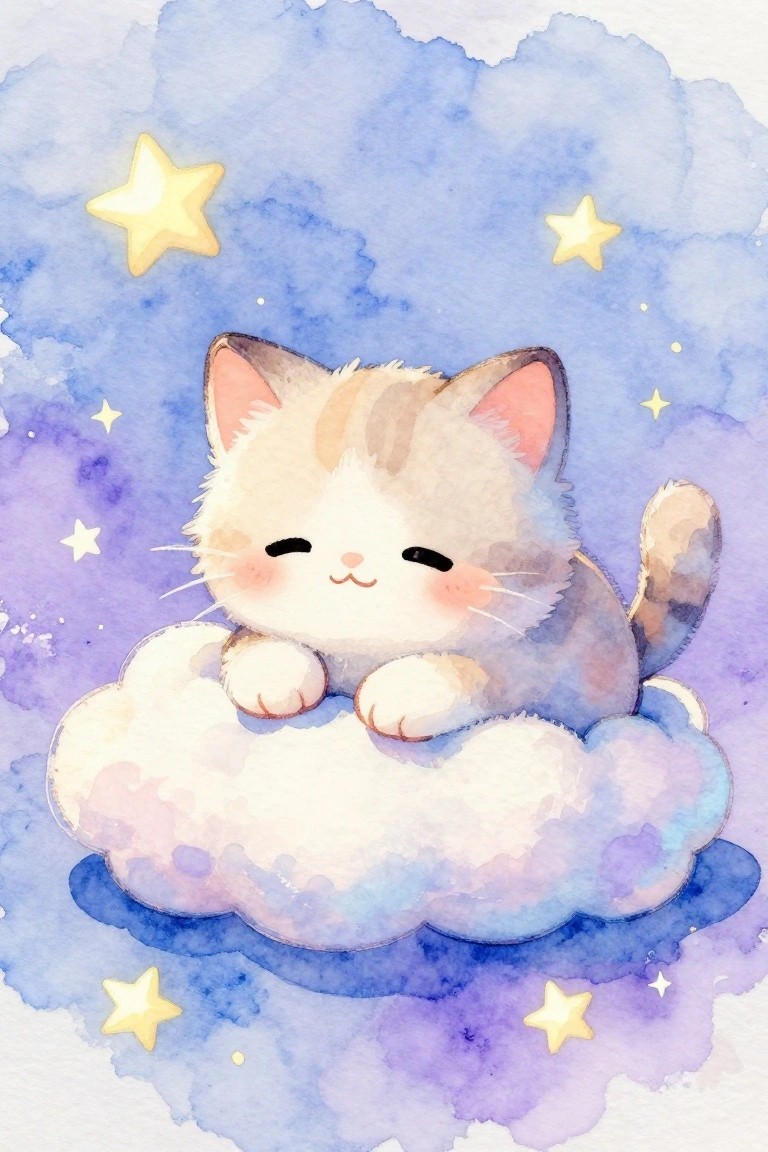 Watercolor cat napping on fluffy cloud amid twinkling yellow stars in purple sky