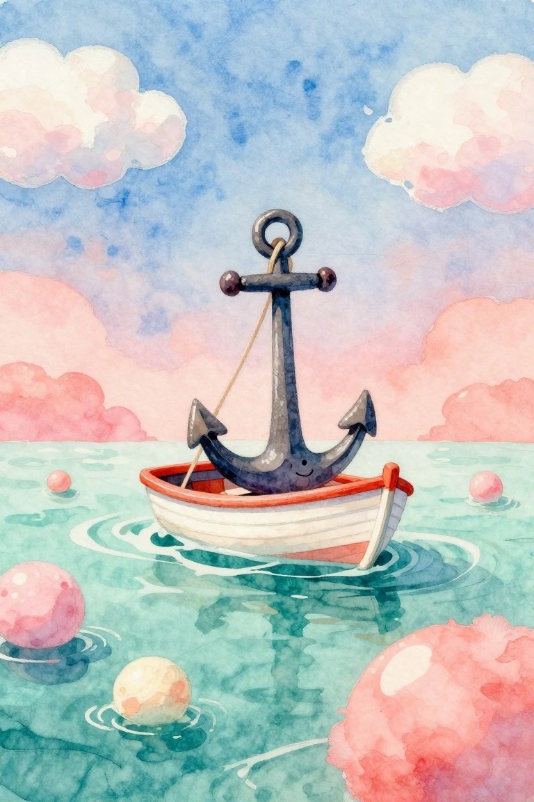 Whimsical watercolor of smiling anchor in boat on rippled turquoise water with pink orbs