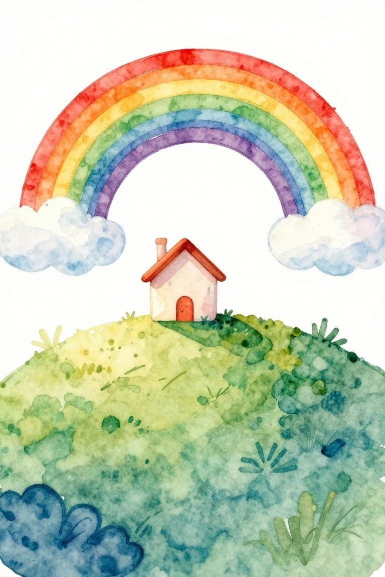 A watercolor painting shows a small house on a green hill under a rainbow with clouds on both sides.