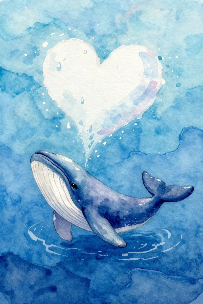 Watercolor whale in blue ocean gazing up at large dripping white heart