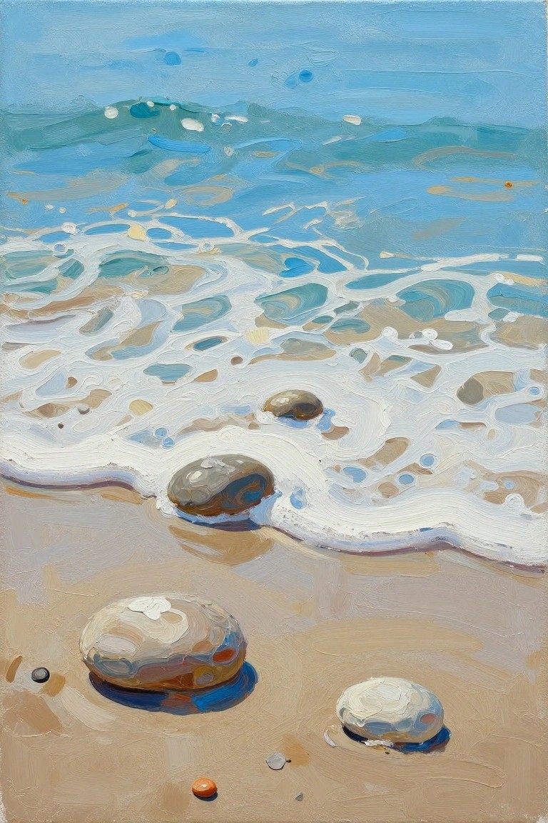 Oil painting of foamy turquoise waves washing over sandy beach with smooth rocks.