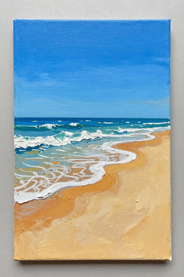 Seascape painting of turquoise waves with white foam on golden sandy beach under blue sky.