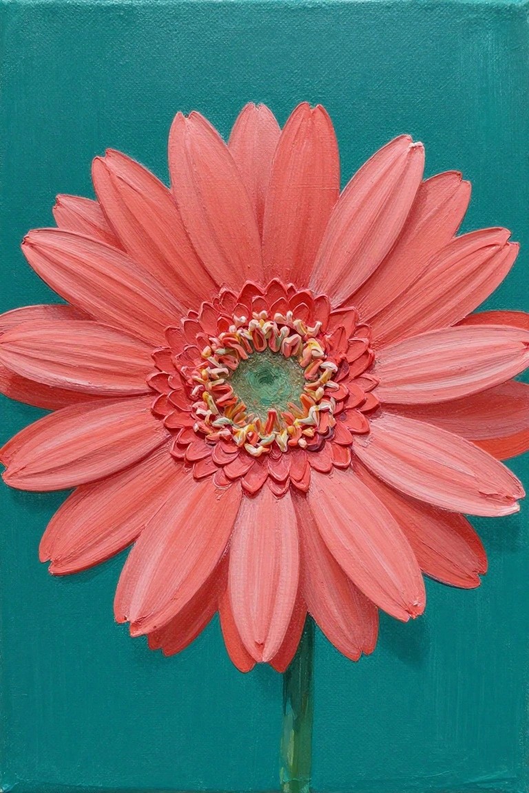 Close-up painting of coral-pink daisy with textured petals on teal background