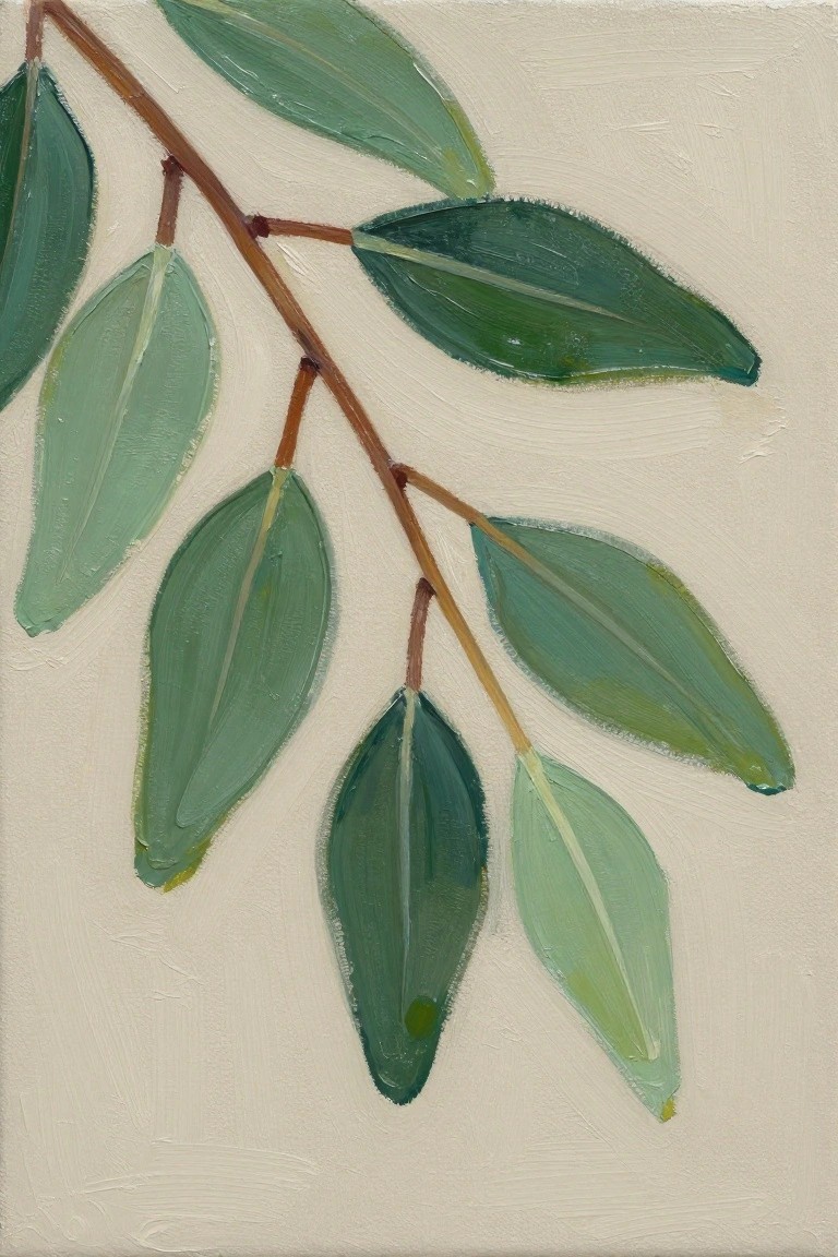 Green leaves on brown branch with visible brushstrokes on beige background.