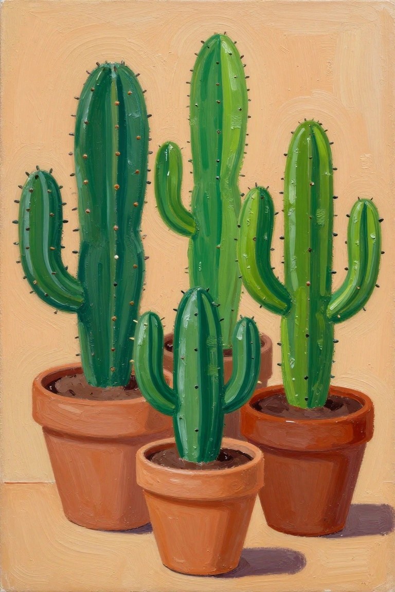 Several green cacti in terracotta pots against a beige background, oil painting style.