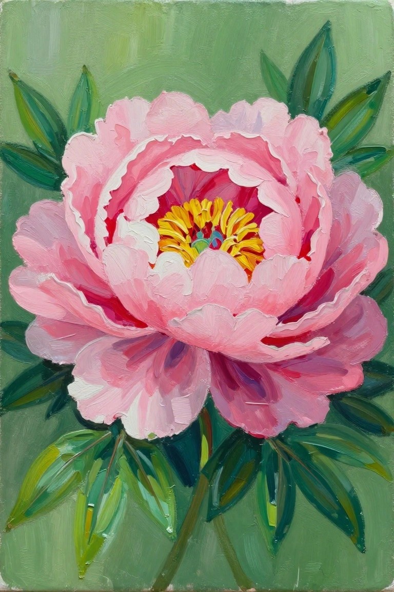 An acrylic painting of a large pink peony with yellow center and green leaves on a green background.