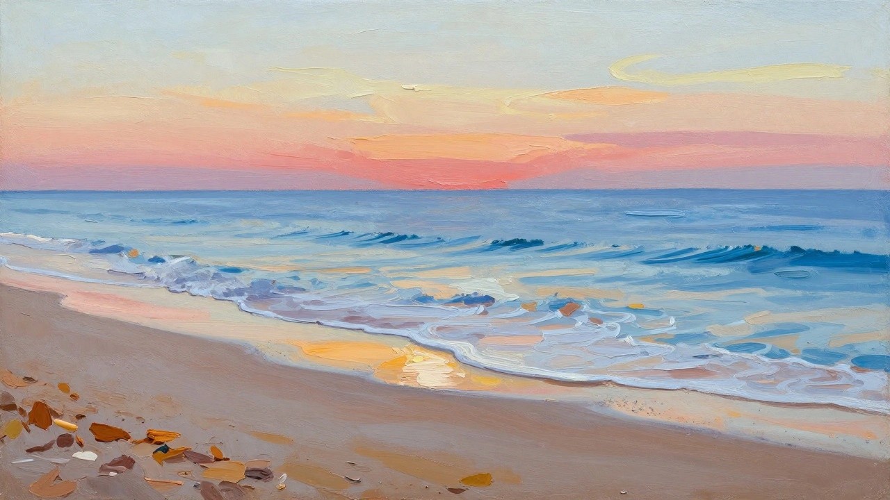 Seascape painting of turquoise waves with white foam on golden sandy beach under blue sky.
