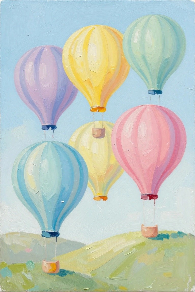 Colorful hot air balloons floating in a blue sky above green hills, oil painting style.
