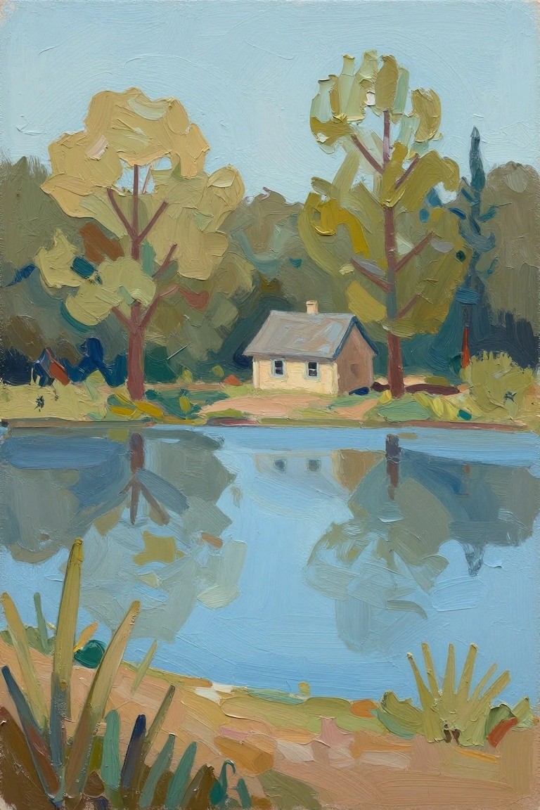 An acrylic painting of a small house beside a lake with trees and their reflections in the water.