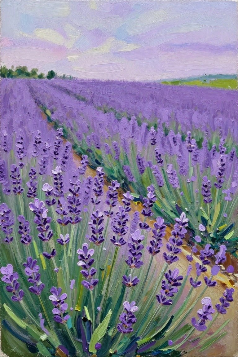 Vivid purple lavender field with winding path under soft pastel sky, oil painting.