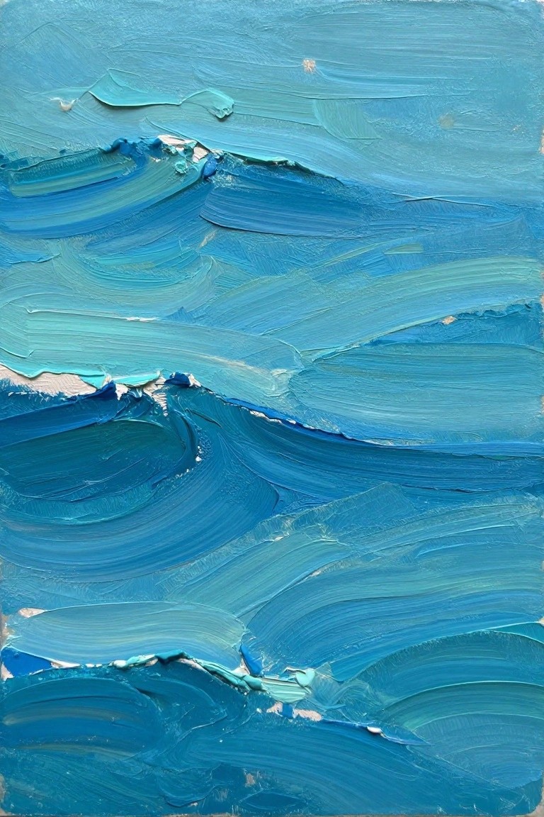 An acrylic painting of ocean waves in multiple shades of blue with thick textured brushstrokes.