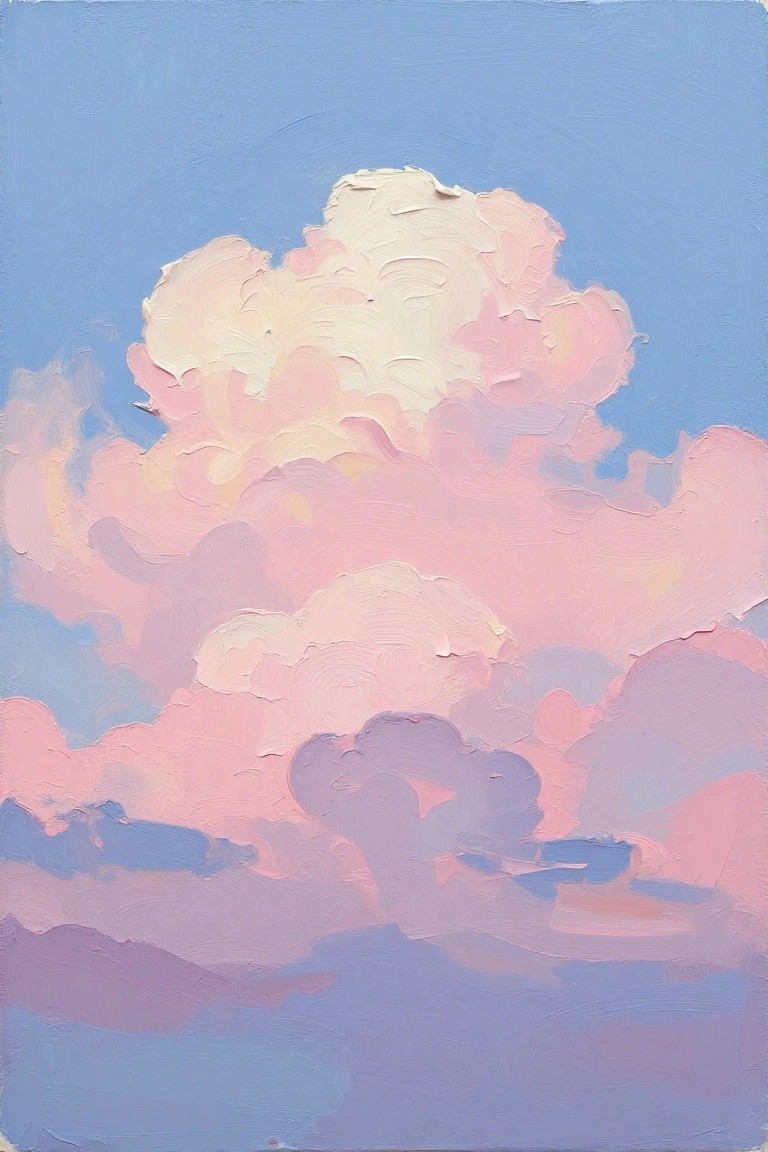 An acrylic painting of large fluffy clouds in pink, yellow, and purple tones against a blue sky with visible brushstrokes.
