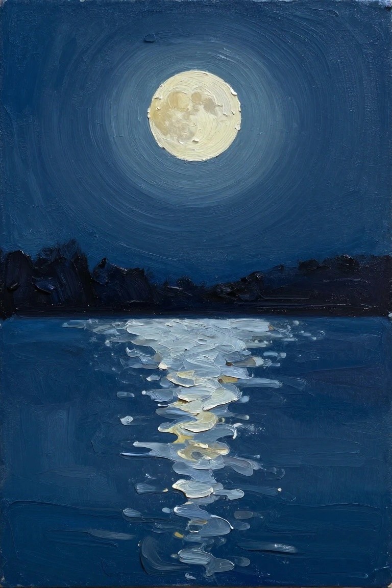 Luminous full moon reflects across dark blue waters beneath swirling night sky.