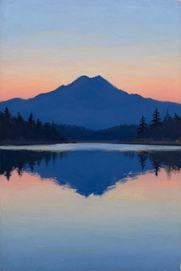 Oil painting of silhouetted mountain reflected in calm lake at sunset with pink sky