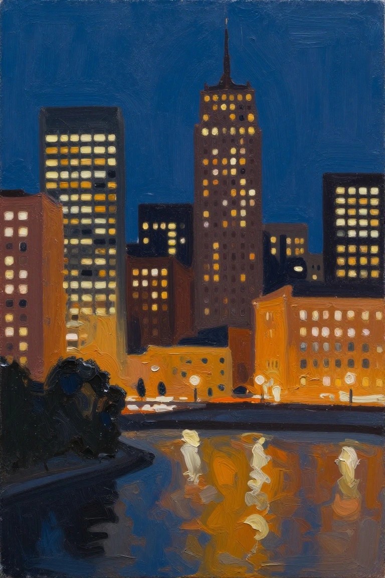 Oil painting of illuminated city skyline at night with glowing reflections in water.