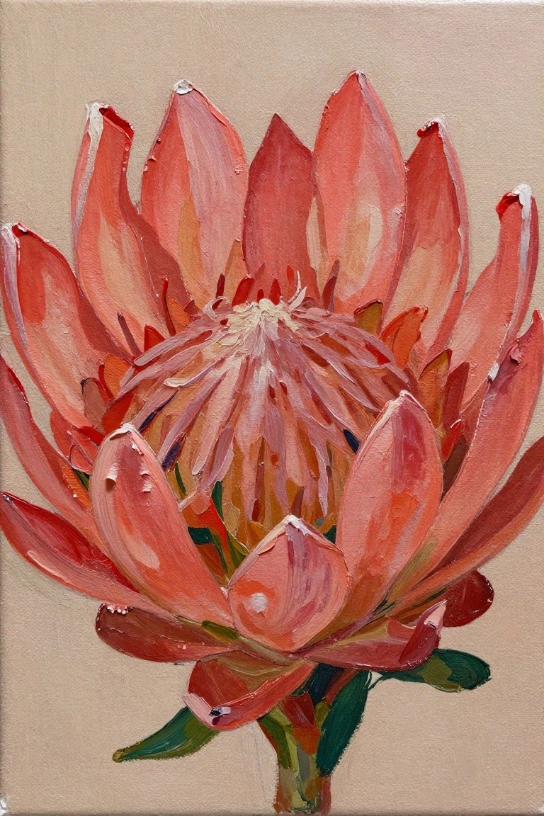 Vivid oil painting of coral-red protea flower with thick layered petals and green leaves.