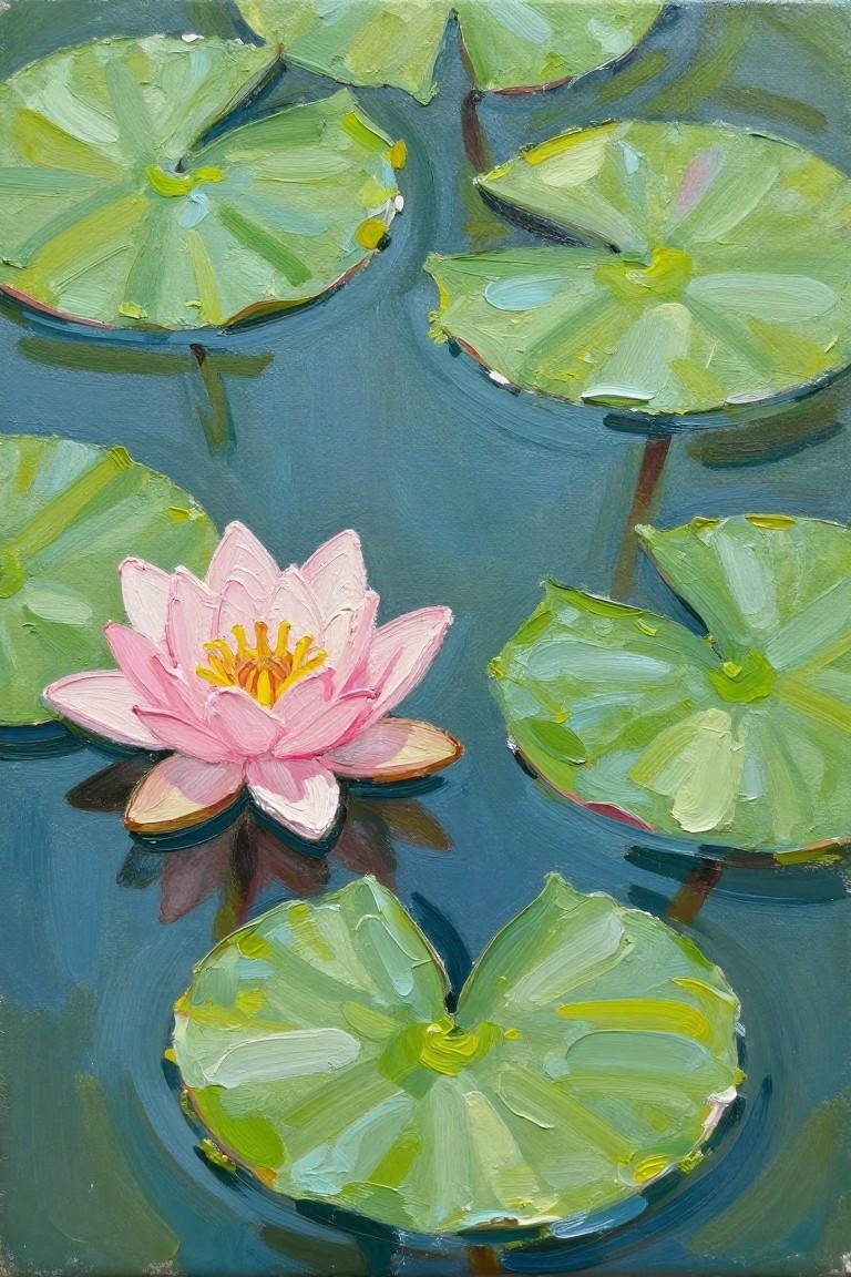 Oil painting of pink water lily amid green lily pads on blue water