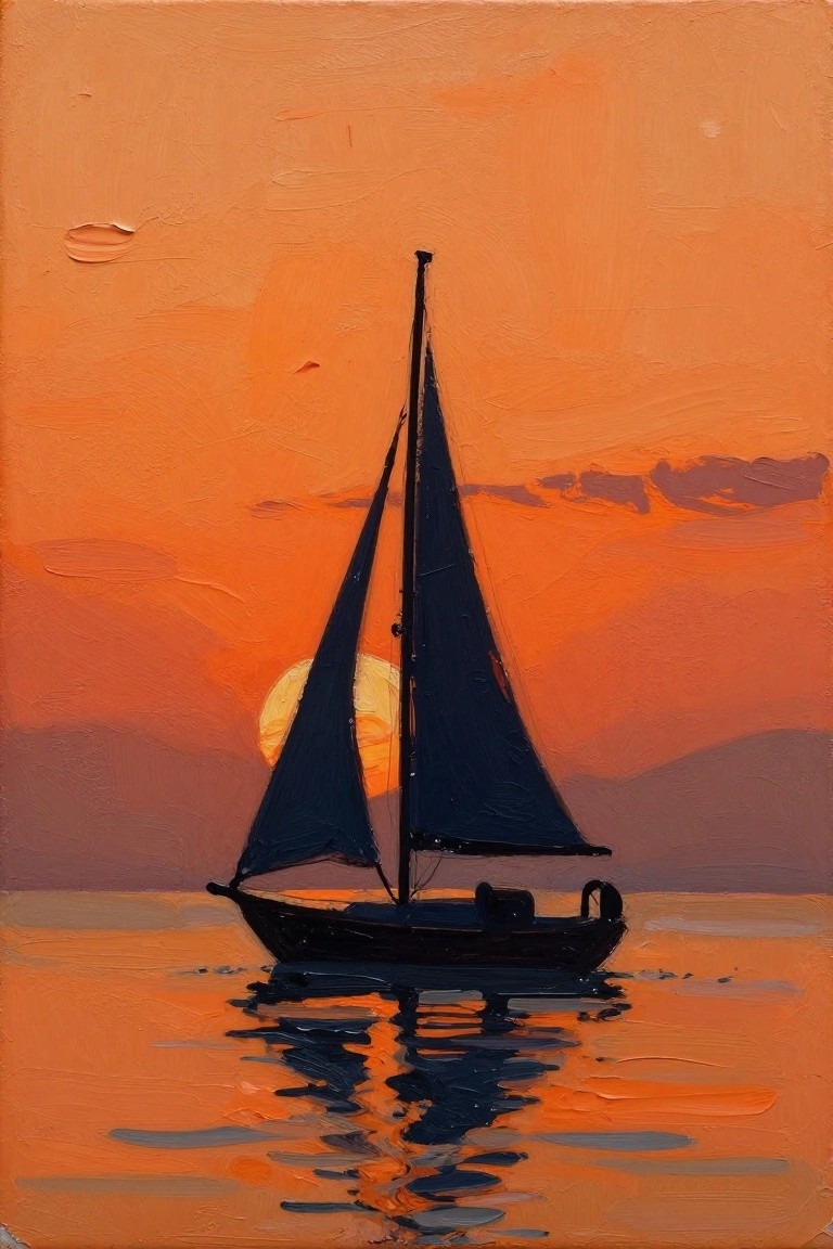 Silhouetted sailboat with dark sails on reflective orange sunset waters with hills.