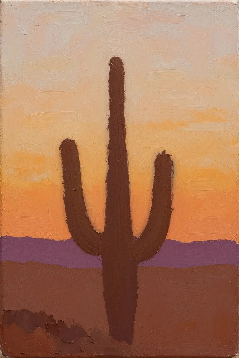 A painting of a brown saguaro cactus with two arms against an orange and yellow sunset sky, with purple hills and brown ground in the foreground.