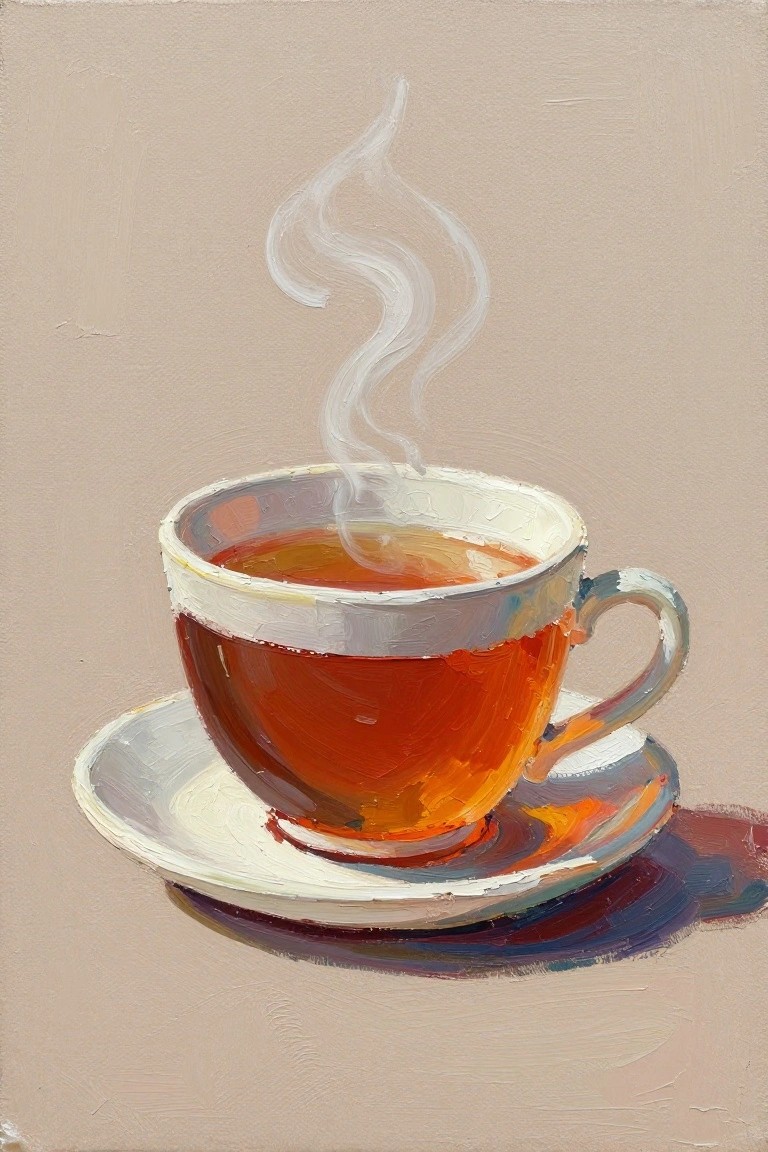 An acrylic painting of a steaming cup of orange-brown tea on a white saucer against a plain beige background.
