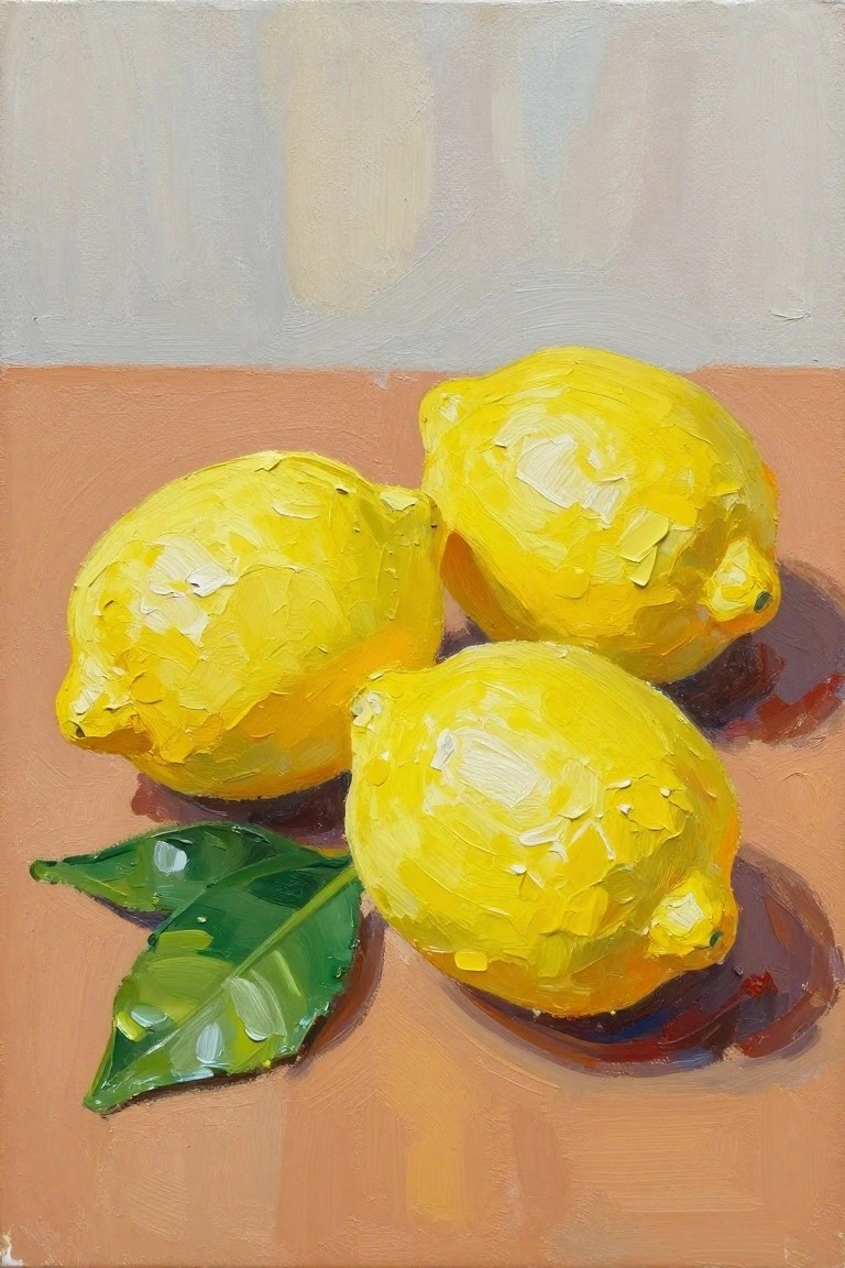 Three yellow lemons with green leaves on a warm brown surface, oil painting