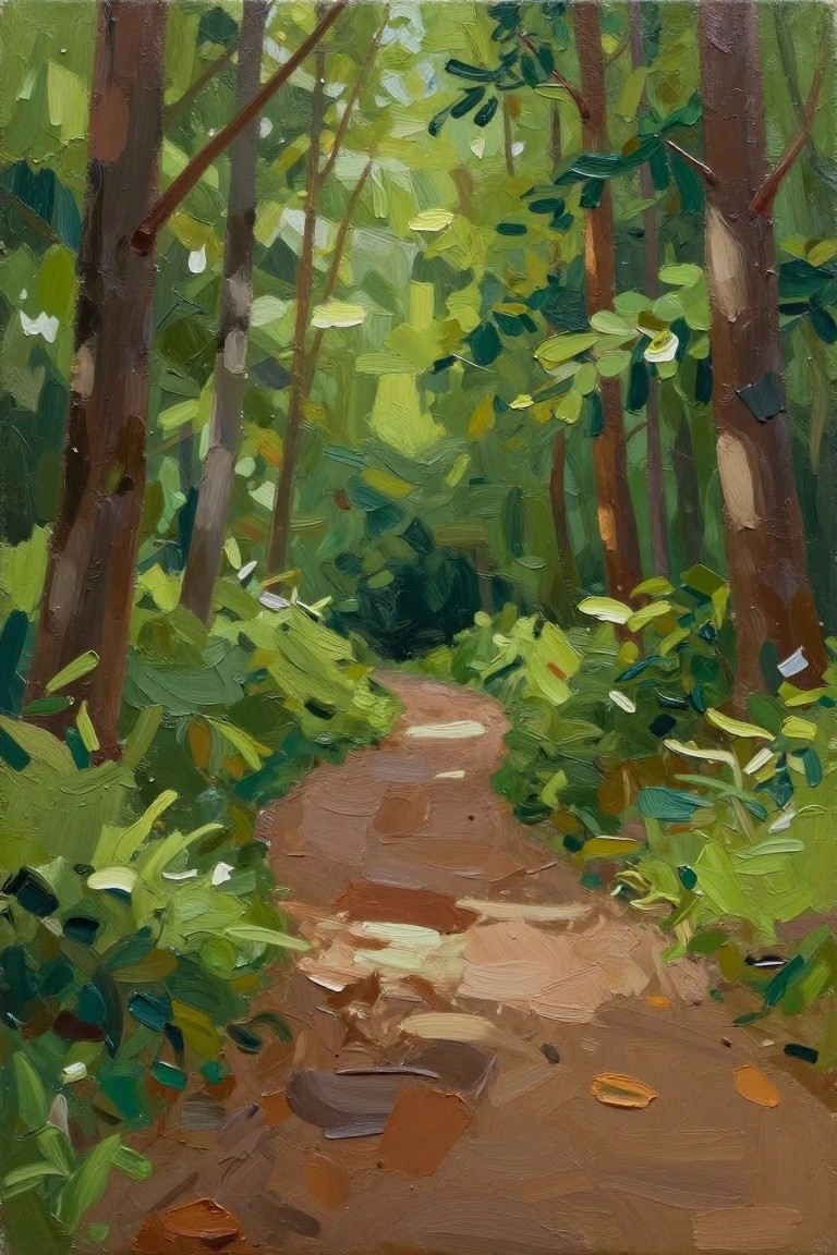 Winding dirt path curving through lush green forest with tall brown trunks