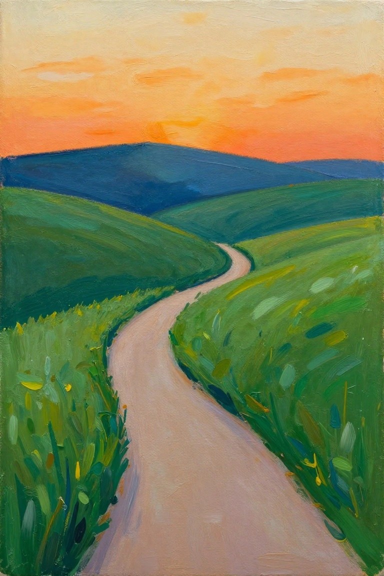 Winding path curves through lush green hills under vibrant orange sunset sky.