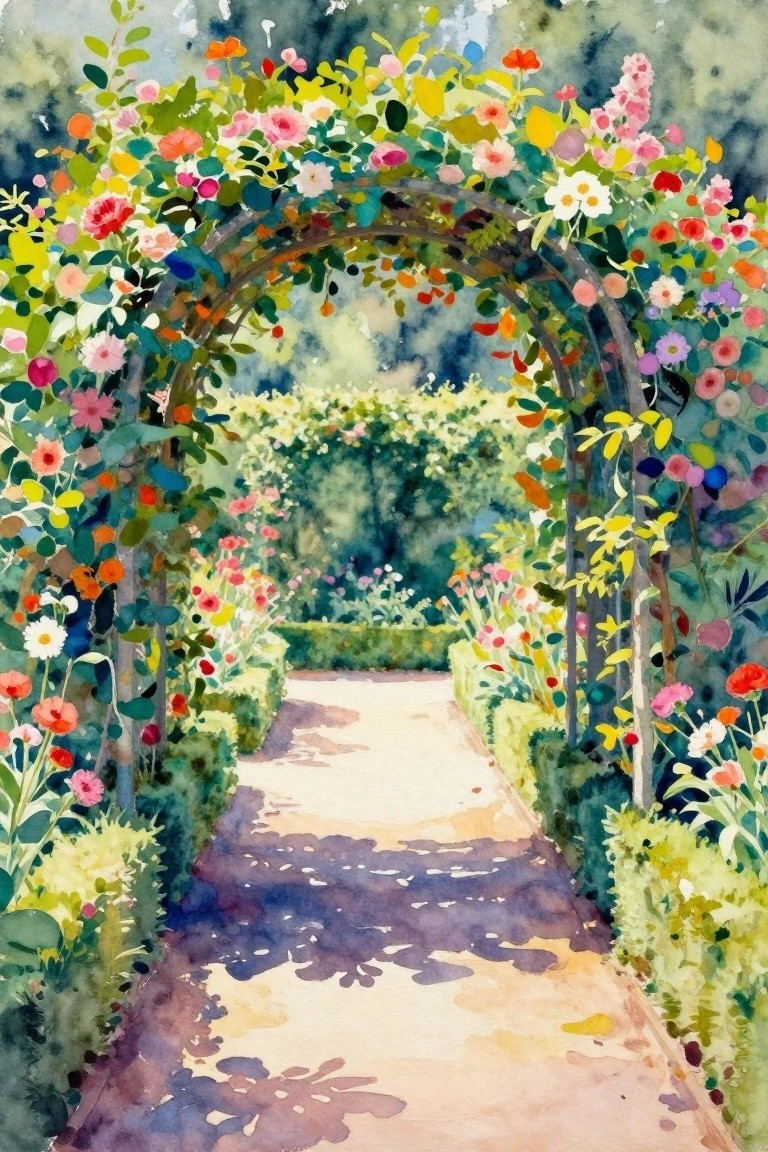 A watercolor painting of a stone path leading under a flower-covered archway into a lush garden.