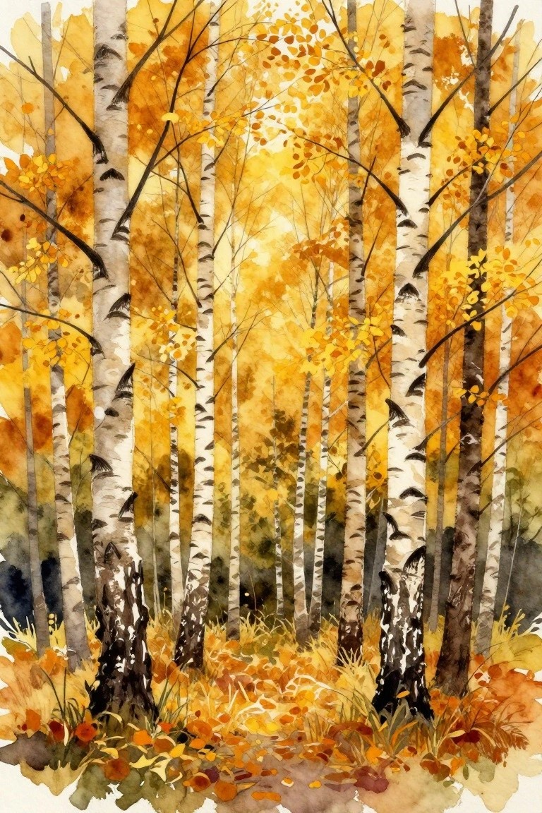 Watercolor of golden birch forest with white trunks and fallen autumn leaves