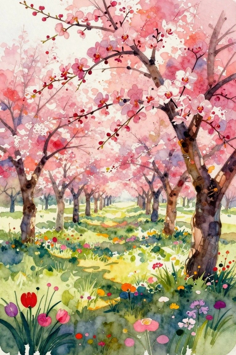 Watercolor of pink cherry blossoms arching over a flower-filled meadow path