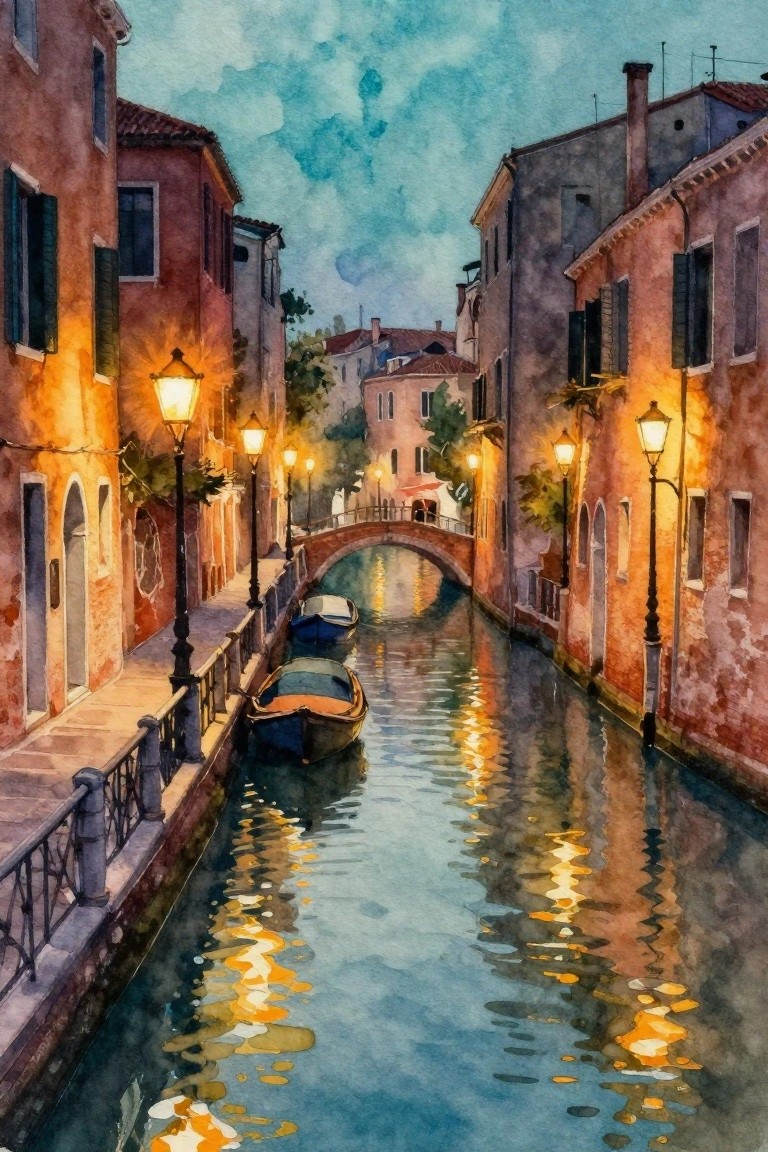 A watercolor painting of a narrow canal between old buildings with glowing street lamps and their reflections on the water at dusk.