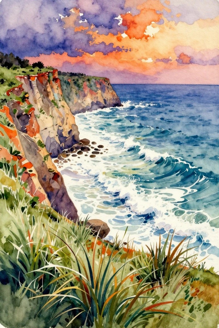 Watercolor cliffs with grass overlook crashing blue waves beneath orange-purple sunset clouds.