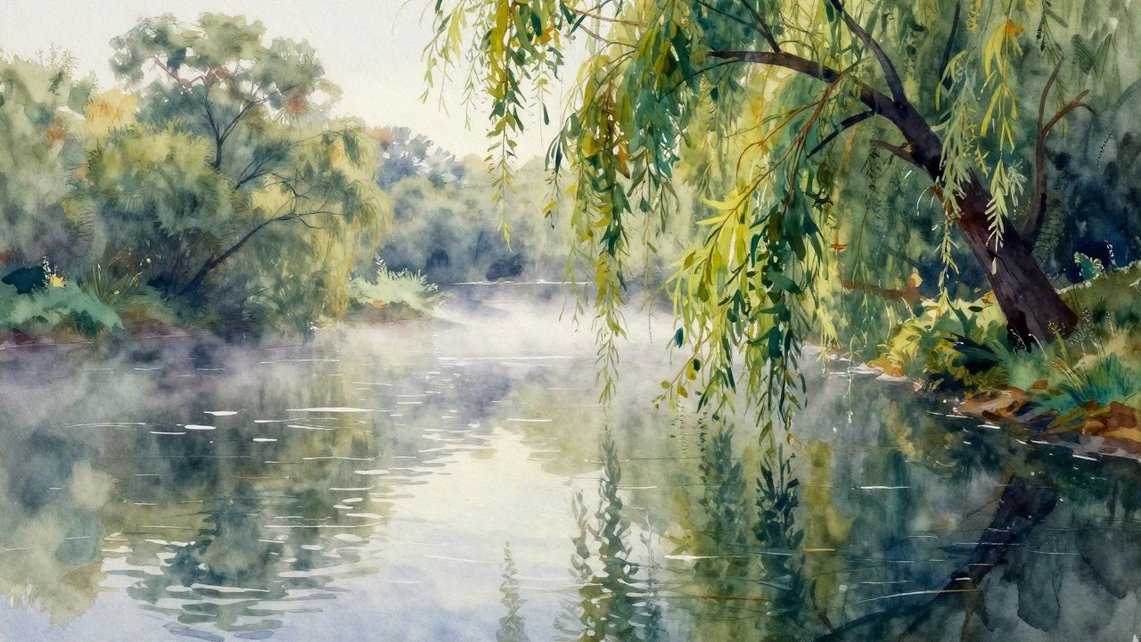 A watercolor landscape shows a misty river at sunrise with orange reflections on the water and willow branches hanging from both sides.